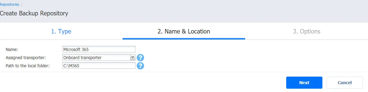 name and location page of the create backup repository wizard