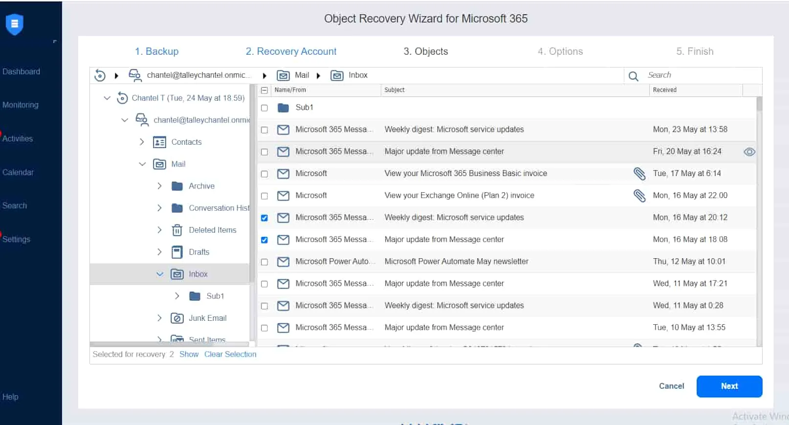 objects page in the recovery wizard