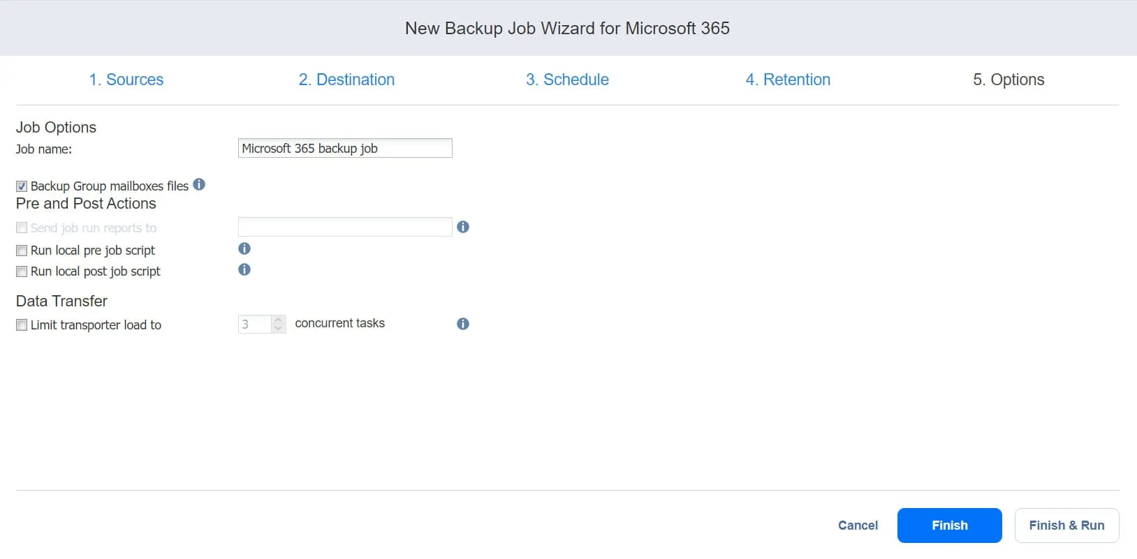 options page in the backup job wizard