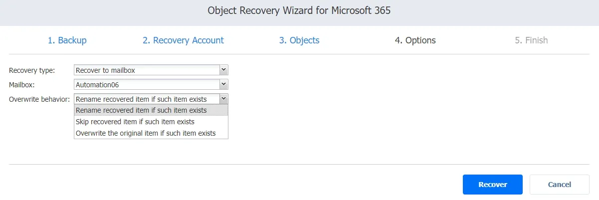 options page in the recovery wizard