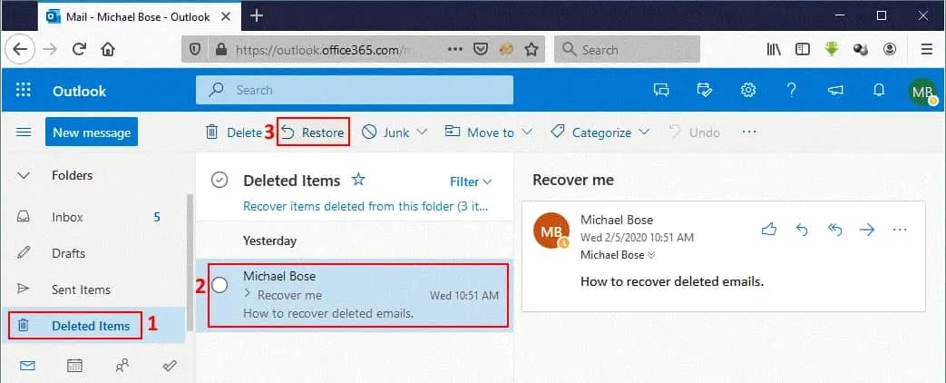 recover an email from the deleted items folder