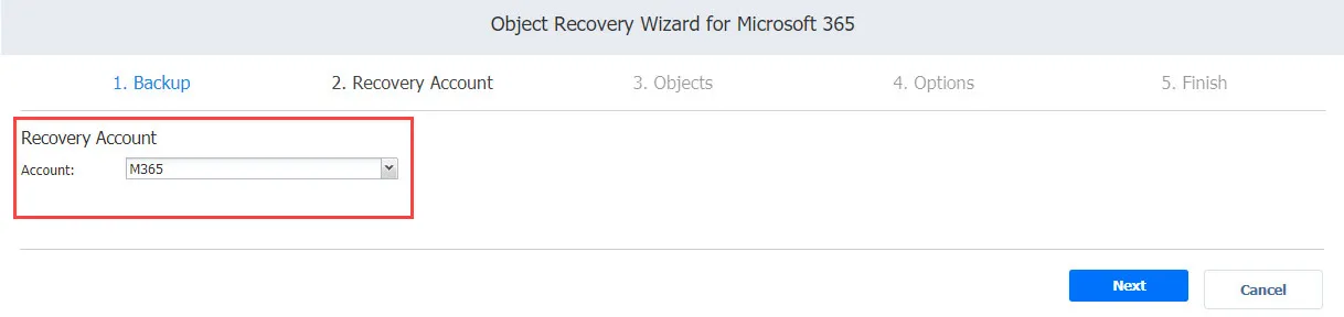 recovery account page of the recovery wizard