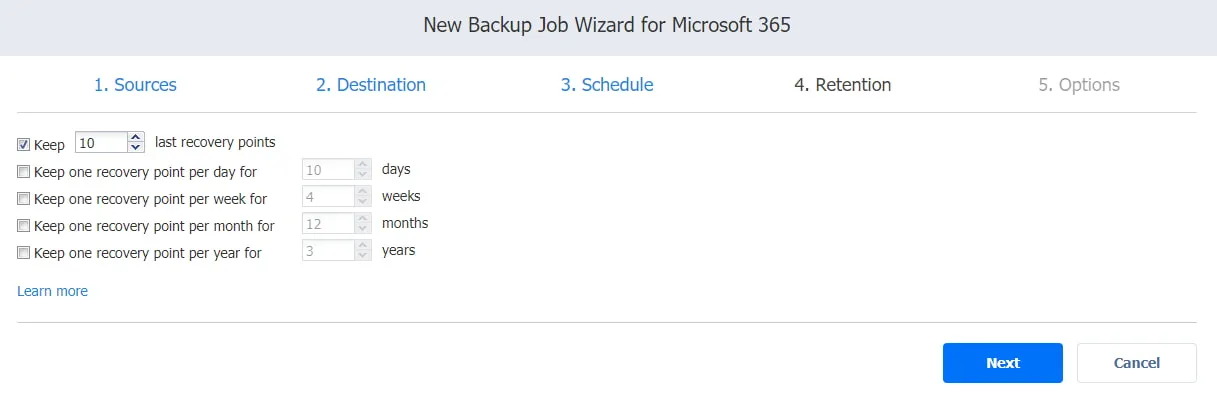 retention page in the backup job wizard