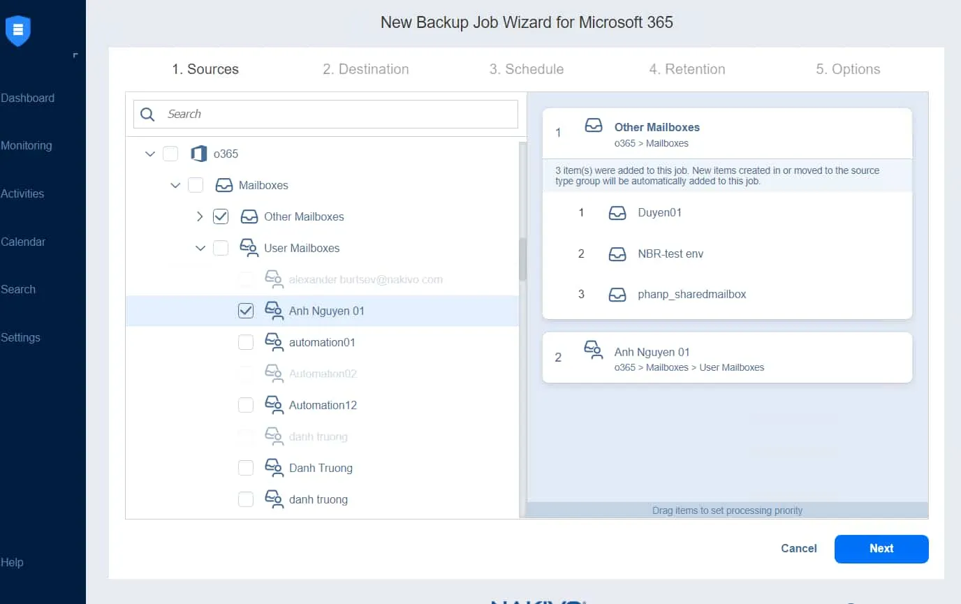 sources page in the backup job wizard