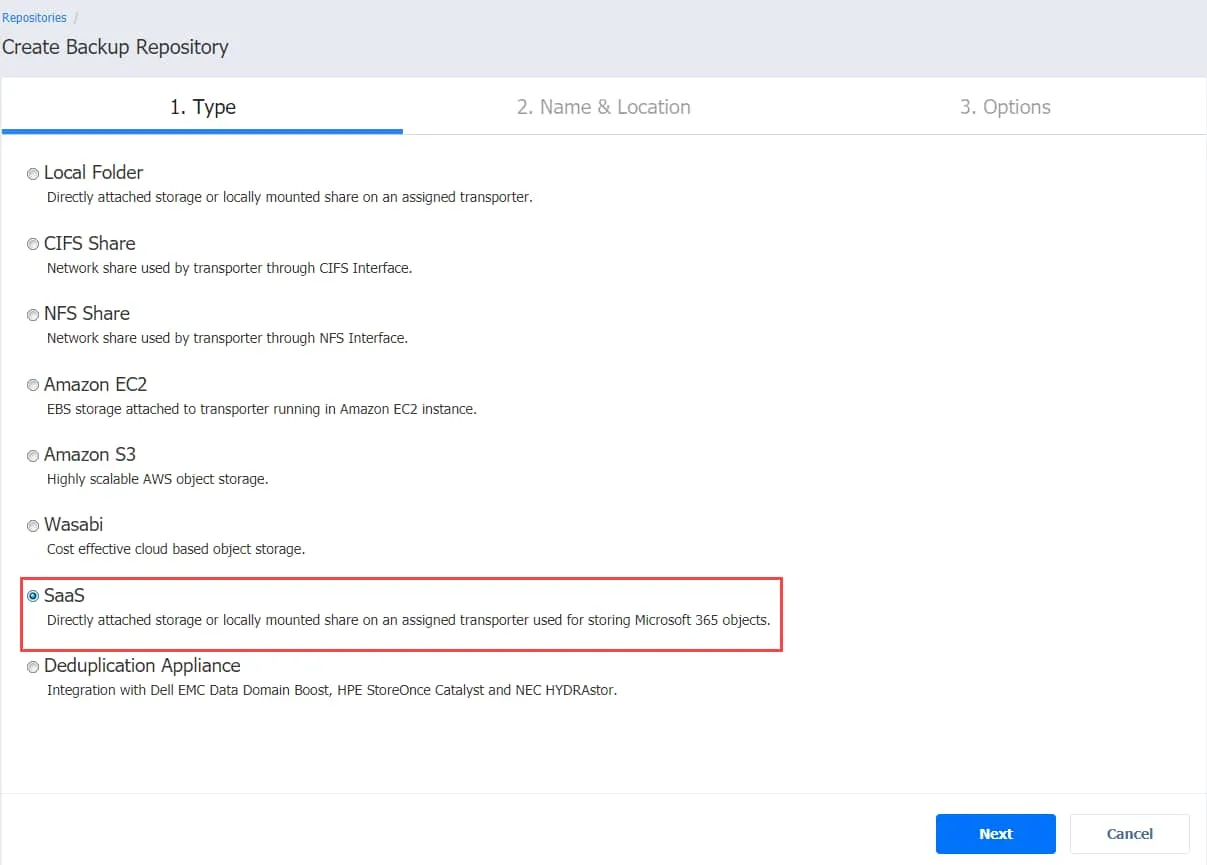 type page of the create backup repository wizard