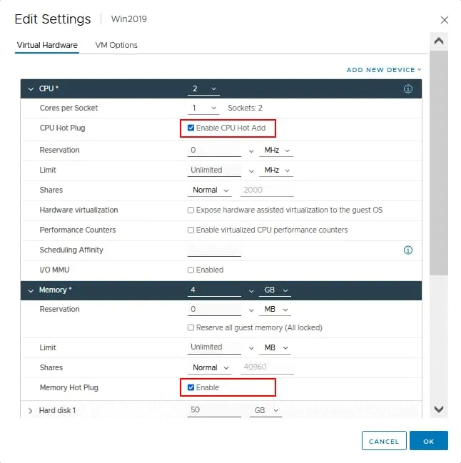 vCPU VMware options and hotplug CPU configuration in vSphere