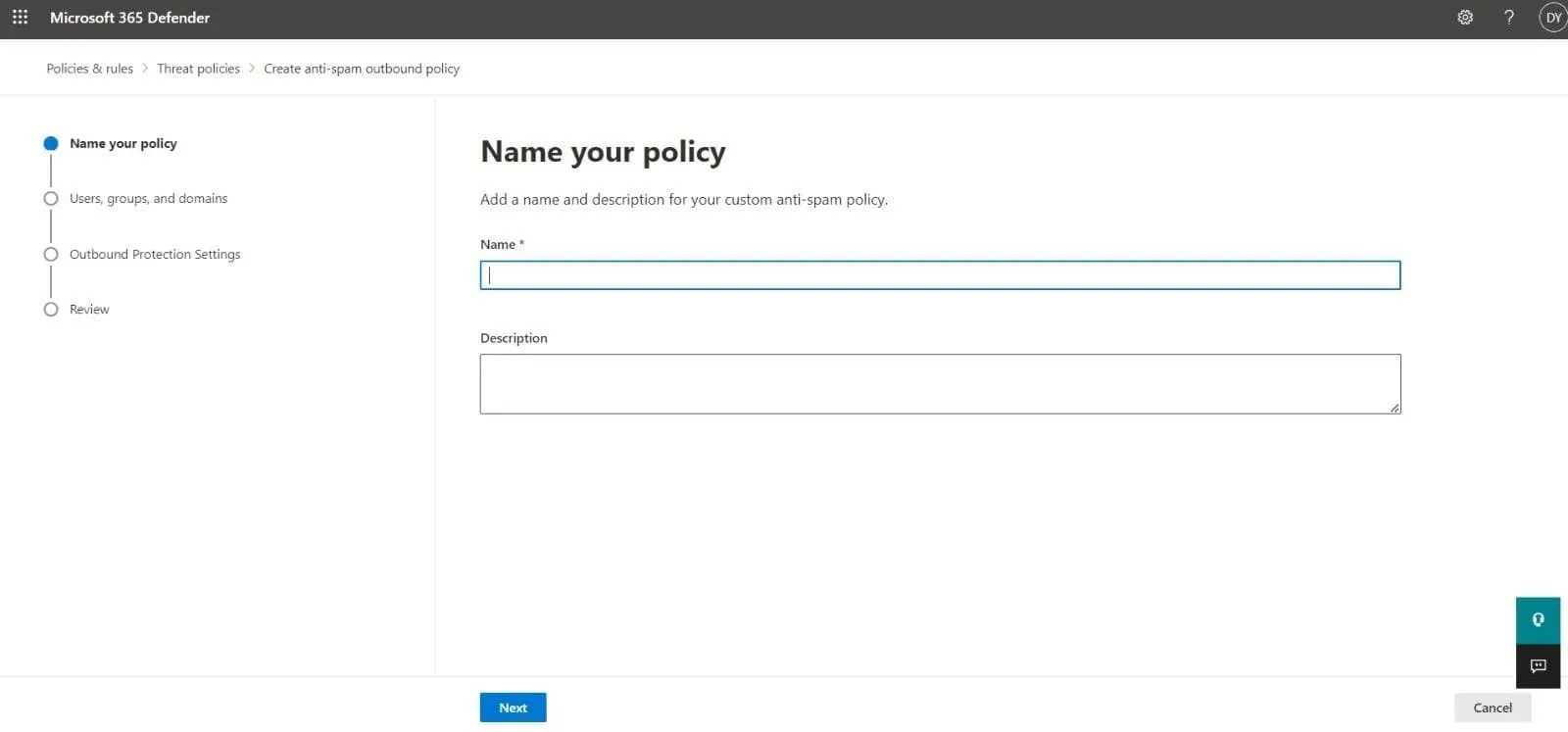 choose a name for the outbound anti-spam policy