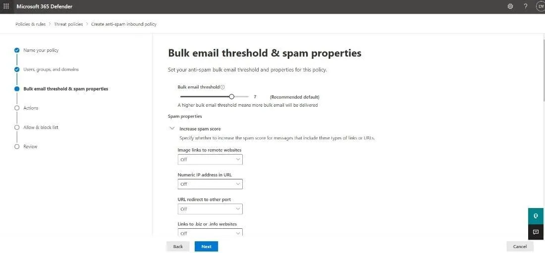 configure bulk email threshold and spam properties