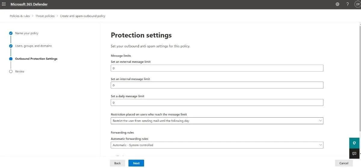 configure protection settings in outbound anti-spam policy