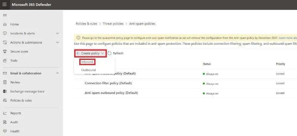 create the inbound anti-spam policy