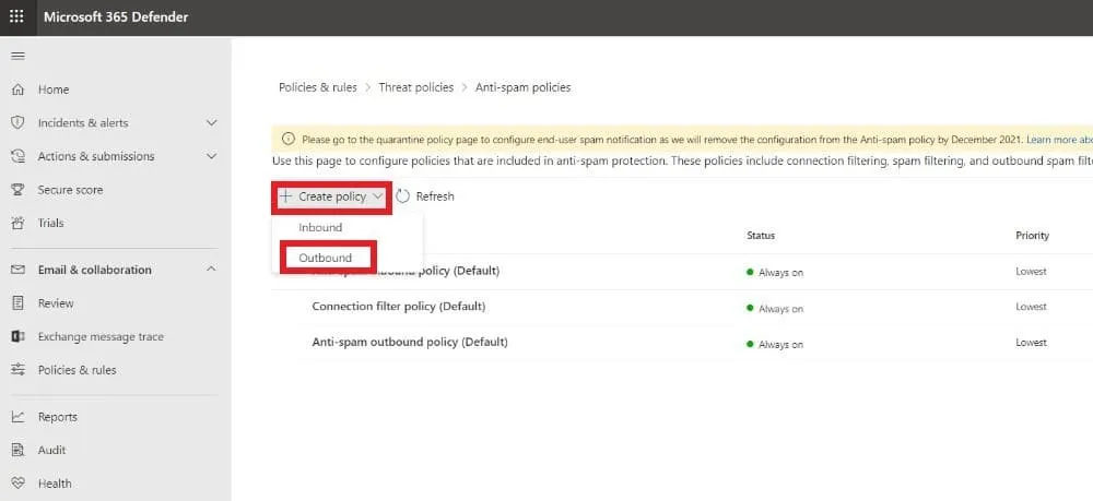 create the outbound anti-spam policy