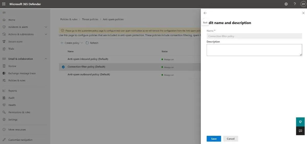 edit the description of the connection filter policy