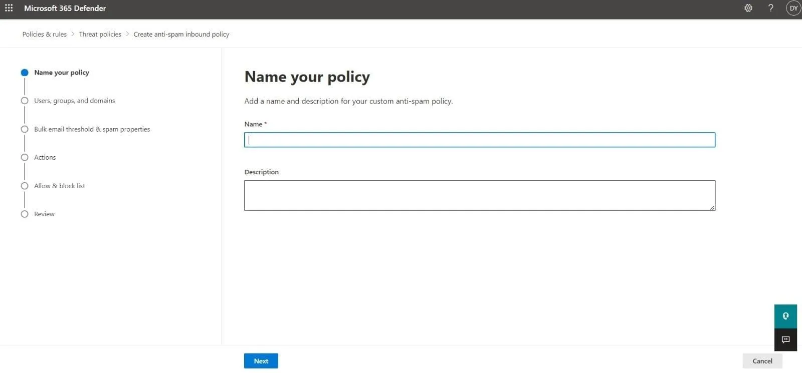 enter a name for the inbound anti-spam policy