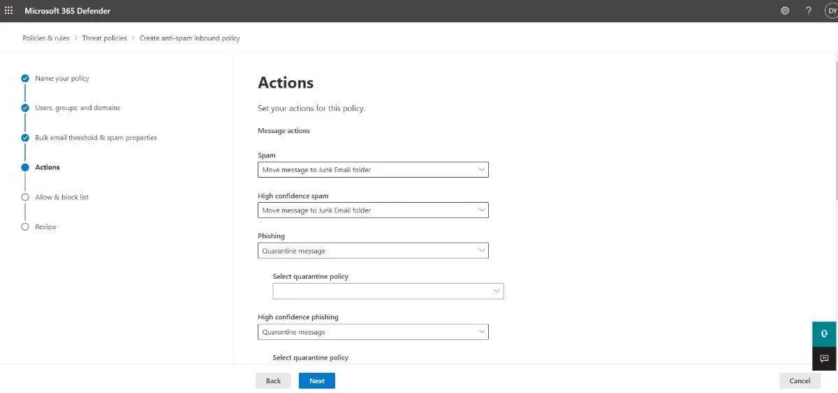 manage actions in inbound anti-spam policy