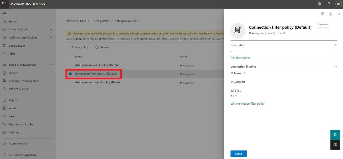 modify the default connection filter policy