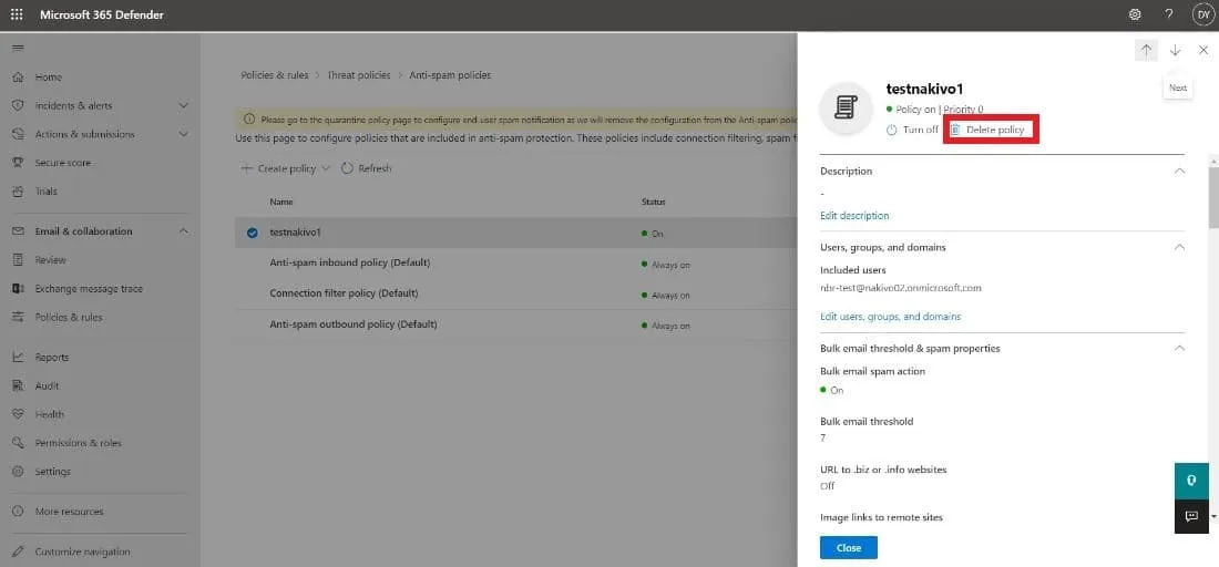 remove custom anti-spam policy