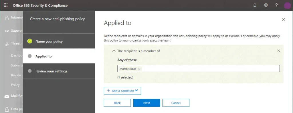 Settings for a new anti-phishing policy