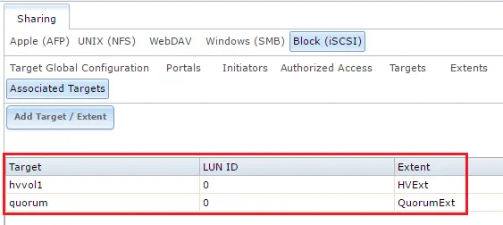 Associating iSCSI targets with Extents in FreeNAS