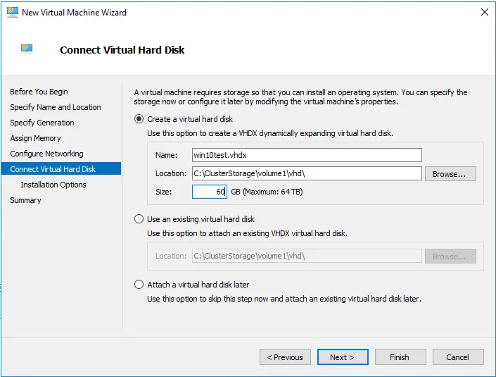 Creating a new virtual disk on the Hyper-V cluster shared volume