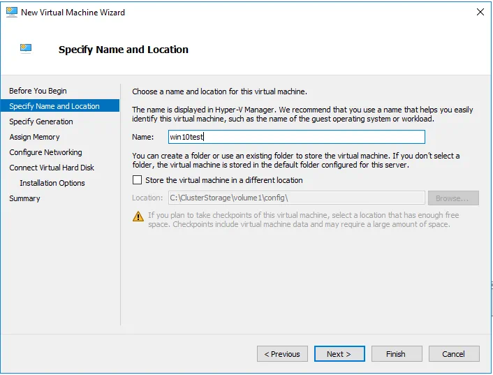 Entering a VM name and using Hyper-V cluster storage