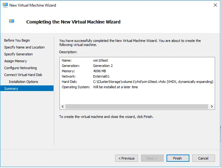 Finishing the VM creation in a Hyper-V Failover cluster