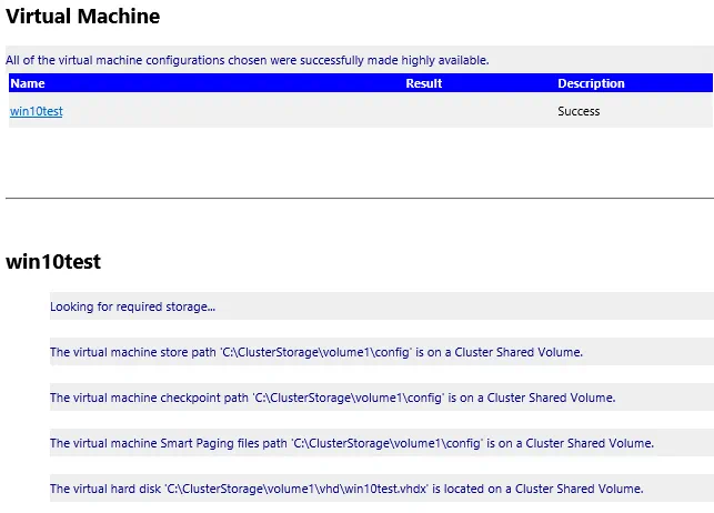 Viewing the high availability report for Hyper-V clustering