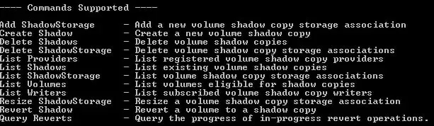 supported command by vssadmin utility