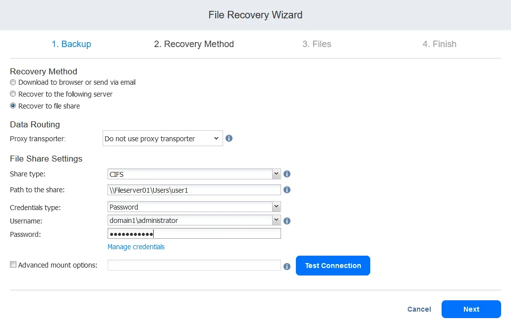 Configuring settings to recover files to a file share