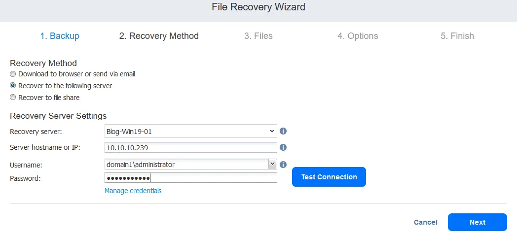 Recovering files to the selected server