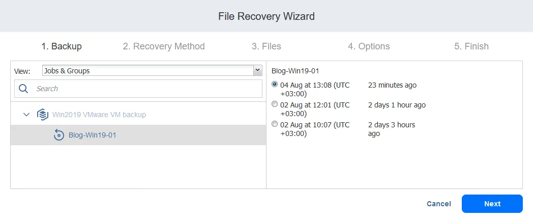 Selecting a backup and recovery points
