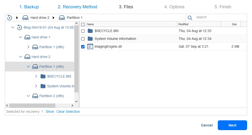 Selecting a file to recover