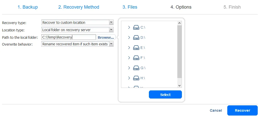 Selecting file recovery options, including the destination location