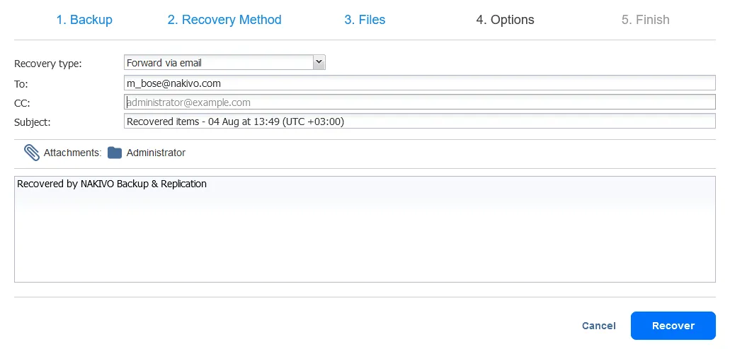 Sending recovered files via email