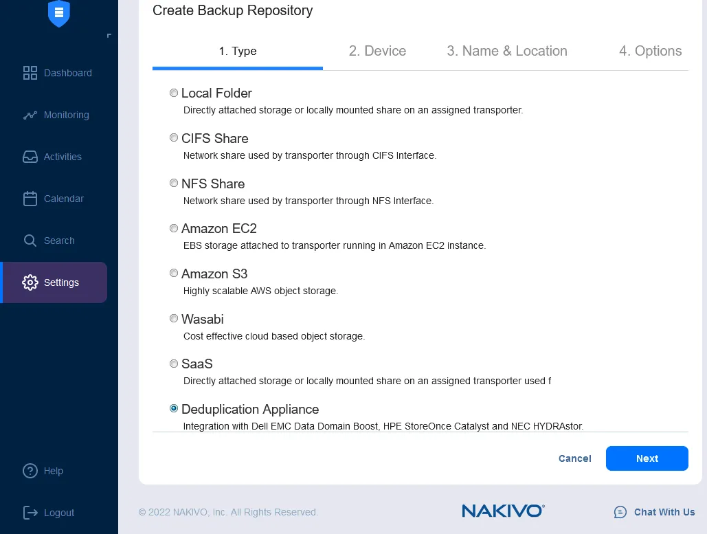 Selecting Deduplication Appliance as a backup repository type