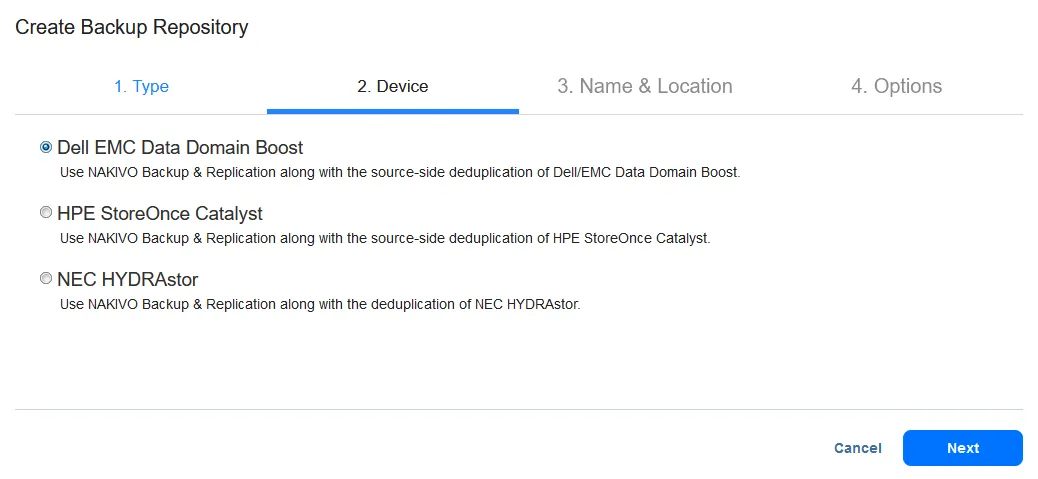 Selecting Dell EMC Data Domain Boost as the deduplication appliance to store backups