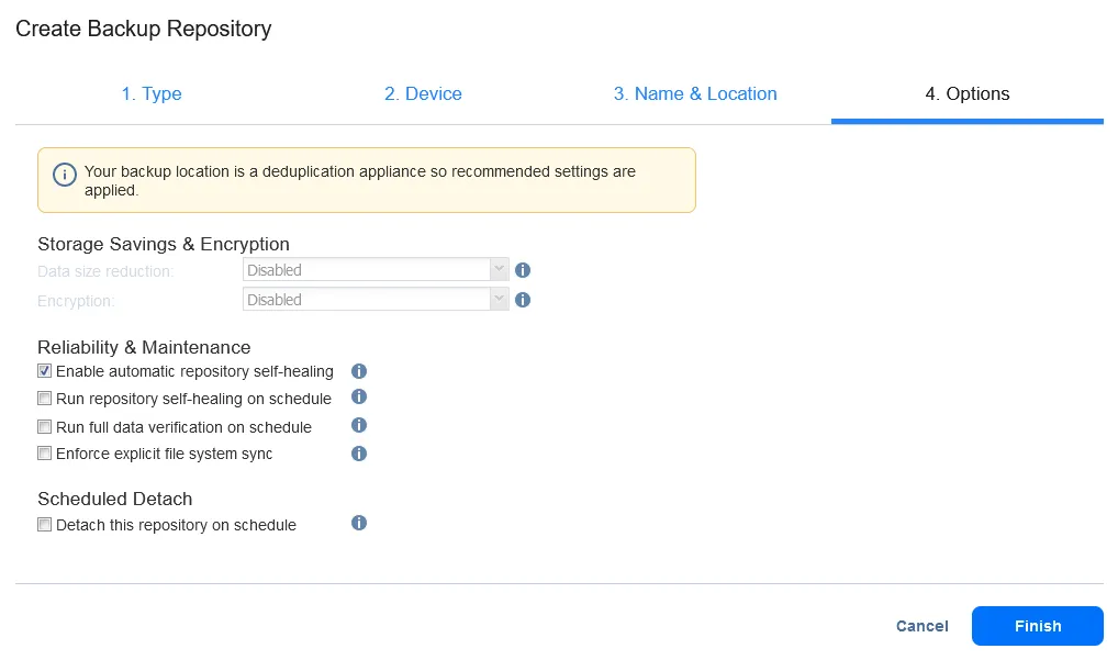 Selecting options for a backup repository with DD Boost support