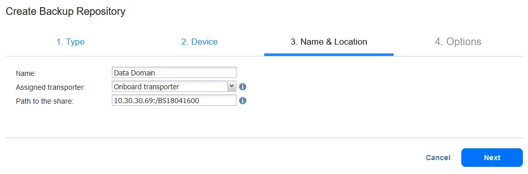 Setting up the name and location for a new repository located on a deduplication appliance