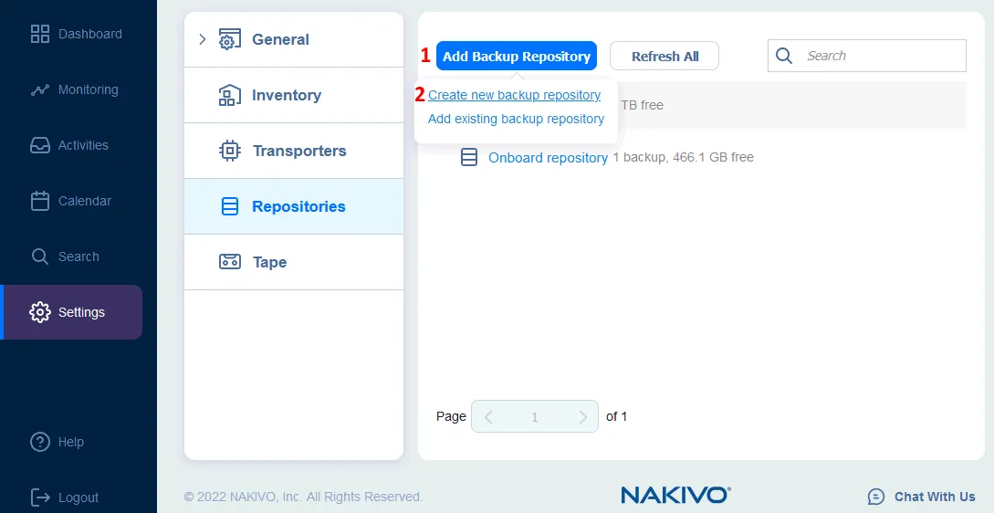 The Repositories page in the web interface of NAKIVO Backup & Replication