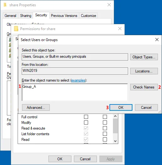 Adding a group to configure NTFS permissions for Windows file sharing