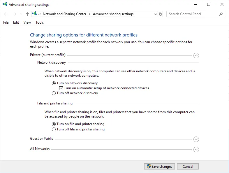 Advanced sharing settings for Windows file sharing
