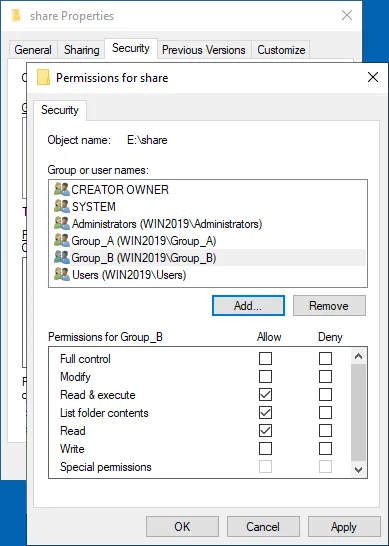 Another group has read-only NTFS permissions to access the Windows SMB share