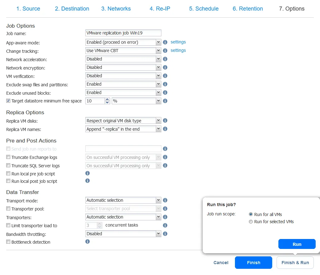 Configuring VM replication job options
