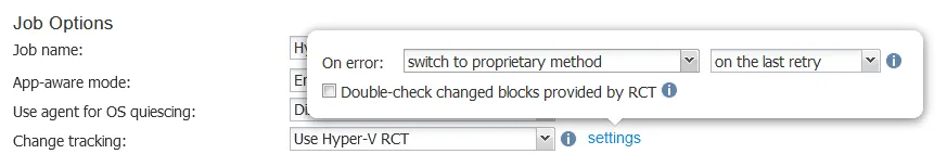 Configuring on error behavior for VM backup with Hyper-V RCT