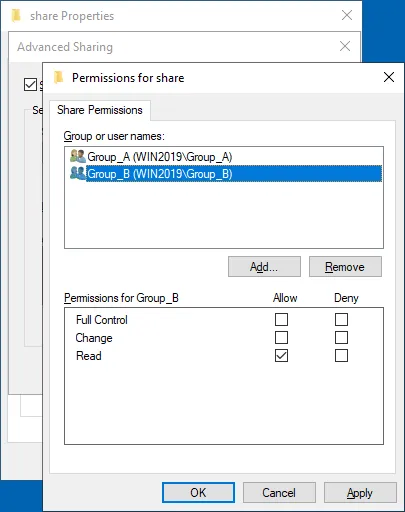 Configuring read-only permissions for a Windows file share