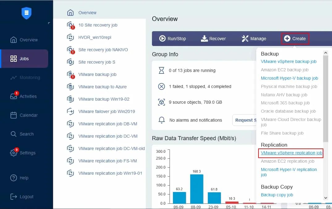 Creating a new VMware vSphere replication job to get ready for VM failover