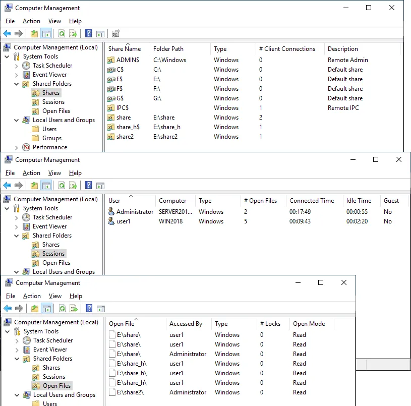 Monitoring and management options on a server for file sharing