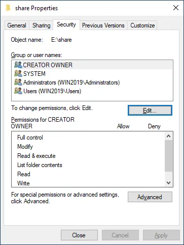 NTFS permissions for a directory configured as a Windows file share