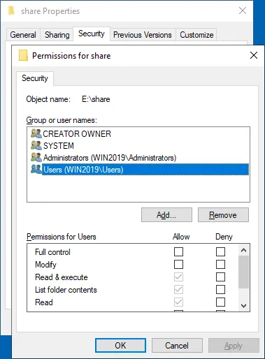 NTFS permissions for the Users group accessing a Windows file share