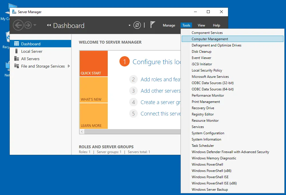 Opening Computer Management for Windows file share setup