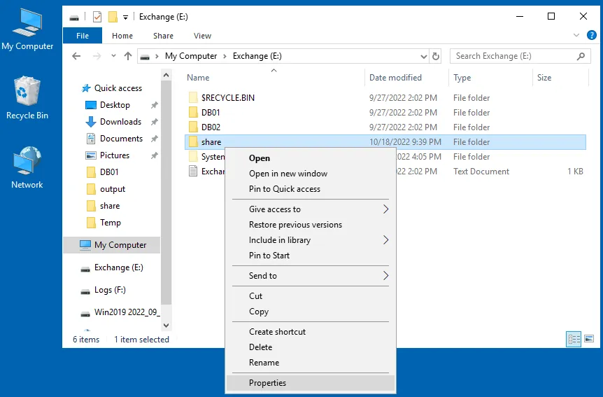 Opening folder properties to configure a Windows file share